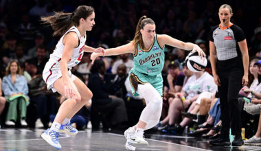 BROOKLYN, NY - JUNE 14: Sabrina Ionescu #20 of the New York Liberty handles the ball during the game against the Washington Mystics during the WNBA Commissioner's Cup on June 14, 2026 at Barclays Center Arena in Brooklyn, New York. NOTE TO USER: User expressly acknowledges and agrees that, by downloading and or using this photograph, User is consenting to the terms and conditions of the Getty Images License Agreement. Mandatory Copyright Notice: Copyright 2026 NBAE (Photo by Mike Lawrence/NBAE via Getty Images)