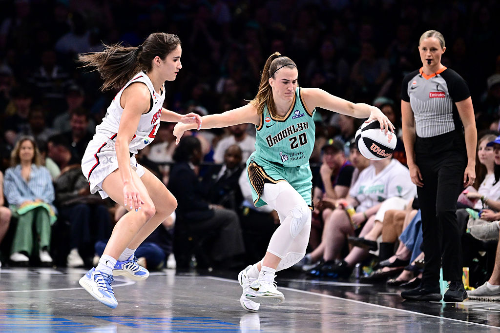 BROOKLYN, NY - JUNE 14: Sabrina Ionescu #20 of the New York Liberty handles the ball during the game against the Washington Mystics during the WNBA Commissioner's Cup on June 14, 2026 at Barclays Center Arena in Brooklyn, New York. NOTE TO USER: User expressly acknowledges and agrees that, by downloading and or using this photograph, User is consenting to the terms and conditions of the Getty Images License Agreement. Mandatory Copyright Notice: Copyright 2026 NBAE (Photo by Mike Lawrence/NBAE via Getty Images)