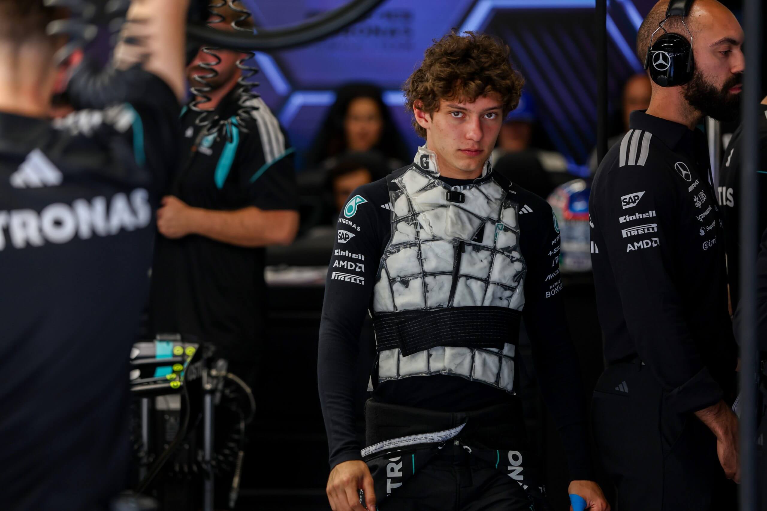 BARCELONA, SPAIN - JUNE 13: Andrea Kimi Antonelli of Italy and Mercedes AMG Petronas F1 Team looks on in the garage during final practice ahead of the F1 Grand Prix of Barcelona-Catalunya at Circuit de Barcelona-Catalunya on June 13, 2026 in Barcelona, Spain. (Photo by Peter Fox/Getty Images)