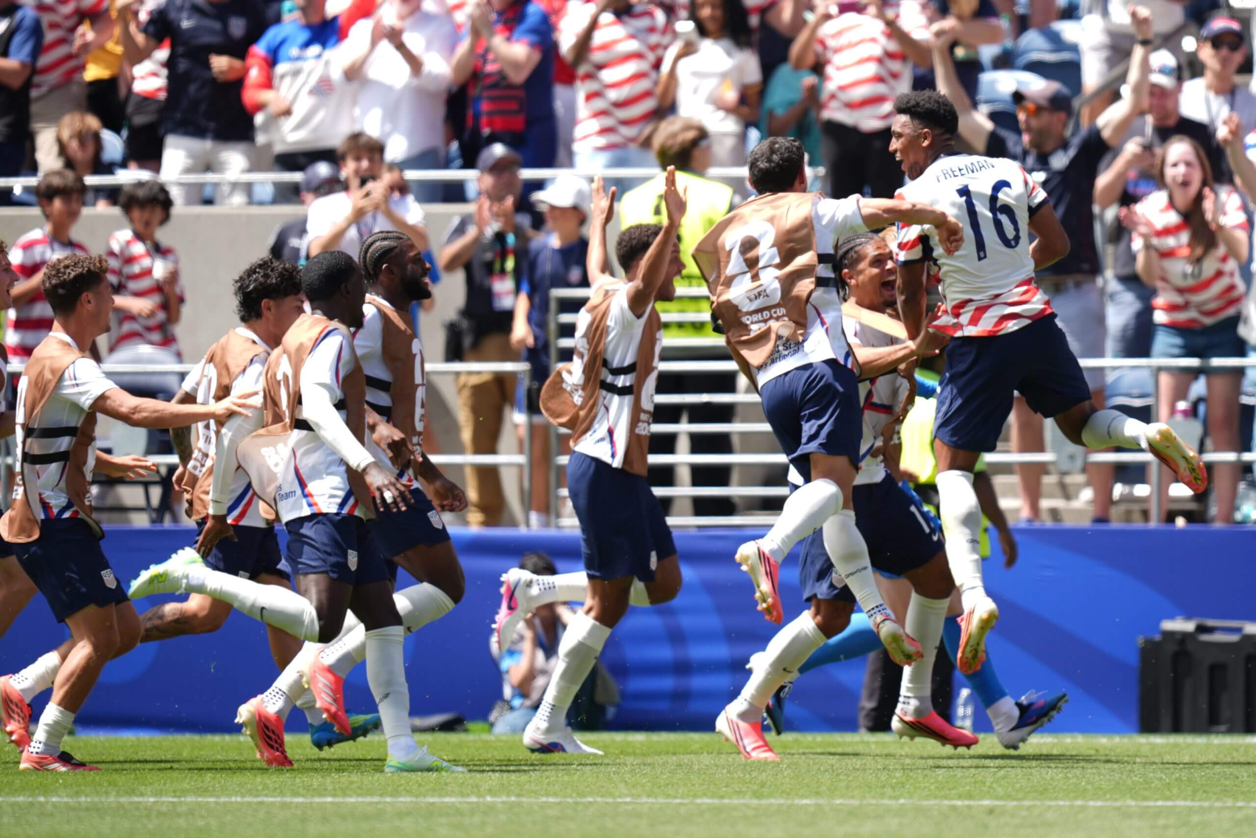 Alex Freeman celebrates his World Cup goal vs. Australia