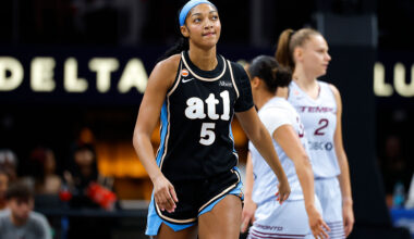 ATLANTA, GEORGIA - JUNE 22: Angel Reese #5 of the Atlanta Dream reacts during the first quarter against the Toronto Tempo at State Farm Arena on June 22, 2026 in Atlanta, Georgia. NOTE TO USER: User expressly acknowledges and agrees that, by downloading and or using this photograph, User is consenting to the terms and conditions of the Getty Images License Agreement. (Photo by Todd Kirkland/Getty Images)