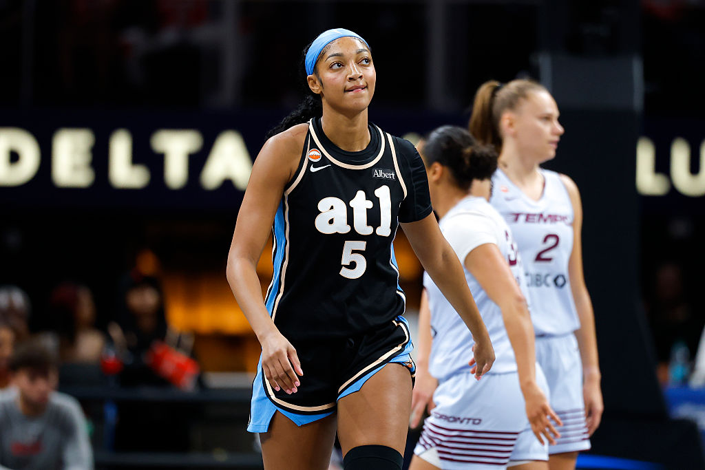ATLANTA, GEORGIA - JUNE 22: Angel Reese #5 of the Atlanta Dream reacts during the first quarter against the Toronto Tempo at State Farm Arena on June 22, 2026 in Atlanta, Georgia. NOTE TO USER: User expressly acknowledges and agrees that, by downloading and or using this photograph, User is consenting to the terms and conditions of the Getty Images License Agreement. (Photo by Todd Kirkland/Getty Images)