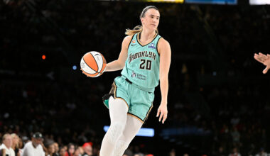 LAS VEGAS, NV - JUNE 23: Sabrina Ionescu #20 of the New York Liberty drives to the basket during the game against the Las Vegas Aces on June 23, 2026 at Michelob ULTRA Arena in Las Vegas, Nevada. NOTE TO USER: User expressly acknowledges and agrees that, by downloading and or using this photograph, User is consenting to the terms and conditions of the Getty Images License Agreement. Mandatory Copyright Notice: Copyright 2026 NBAE (Photo by David Becker/NBAE via Getty Images)