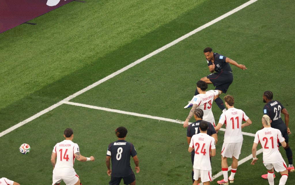 US defender #06 Auston Trusty scores his team's first goal during the 2026 World Cup Group D football match between Turkey and USA at the Los Angeles Stadium in Inglewood on June 25, 2026.