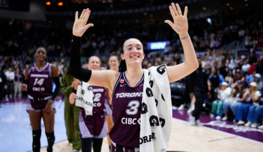 TORONTO, CANADA. - JUNE 25: Marina Mabrey #3 of the Toronto Tempo celebrates after tying the all-time WNBA scoring record of 53 points in a game against the Los Angeles Sparks on June 25, 2026 at Coca-Cola Coliseum in Toronto, Canada. NOTE TO USER: User expressly acknowledges and agrees that, by downloading and or using this photograph, User is consenting to the terms and conditions of the Getty Images License Agreement. Mandatory Copyright Notice: Copyright 2026 NBAE (Photo by Mark Blinch/NBAE via Getty Images)