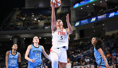 CHICAGO, ILLINOIS - JUNE 24: Sarah Ashlee Barker #3 of the Portland Fire lays the ball up against the Chicago Sky during the second half at Wintrust Arena on June 24, 2026 in Chicago, Illinois. NOTE TO USER: User expressly acknowledges and agrees that, by downloading and or using this photograph, User is consenting to the terms and conditions of the Getty Images License Agreement. (Photo by Daniel Bartel/Getty Images)