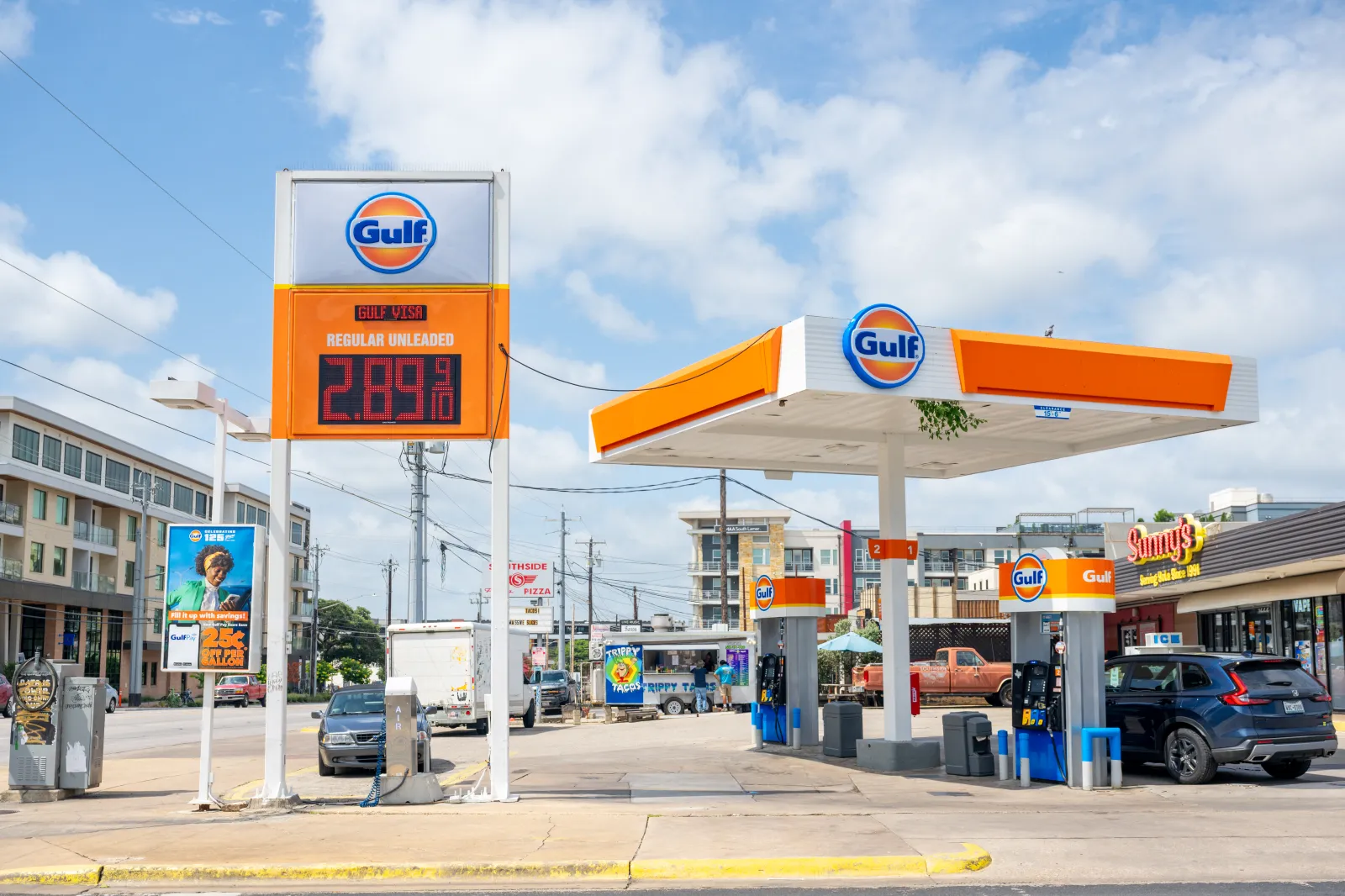 Gas prices are displayed at a Gulf gas station on June 25, 2026 in Austin, Texas.
