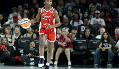 LAS VEGAS, NEVADA - JUNE 25: Jackie Young #0 of the Las Vegas Aces brings the ball up the court against the Dallas Wings in the first quarter of their game at Michelob ULTRA Arena on June 25, 2026 in Las Vegas, Nevada. The Aces defeated the Wings 99-84. NOTE TO USER: User expressly acknowledges and agrees that, by downloading and or using this photograph, User is consenting to the terms and conditions of the Getty Images License Agreement. (Photo by Ethan Miller/Getty Images)