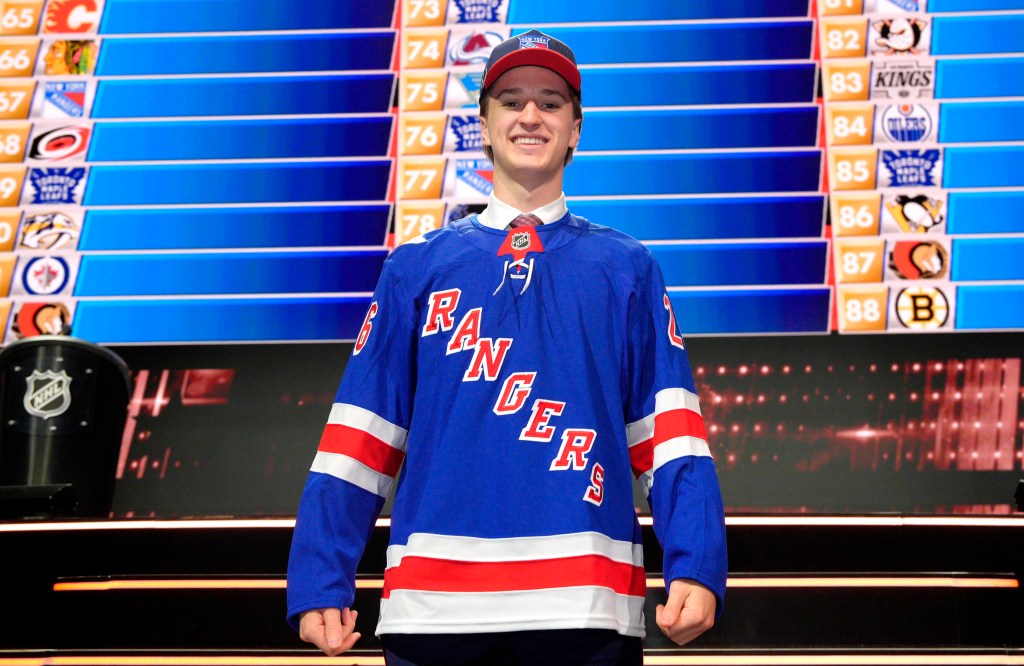 Benjamin MacBeath poses for a photo after being selected 64th overall by the New York Rangers during Day Two of the 2026 NHL Draft at KeyBank Center on June 27, 2026 in Buffalo, New York.