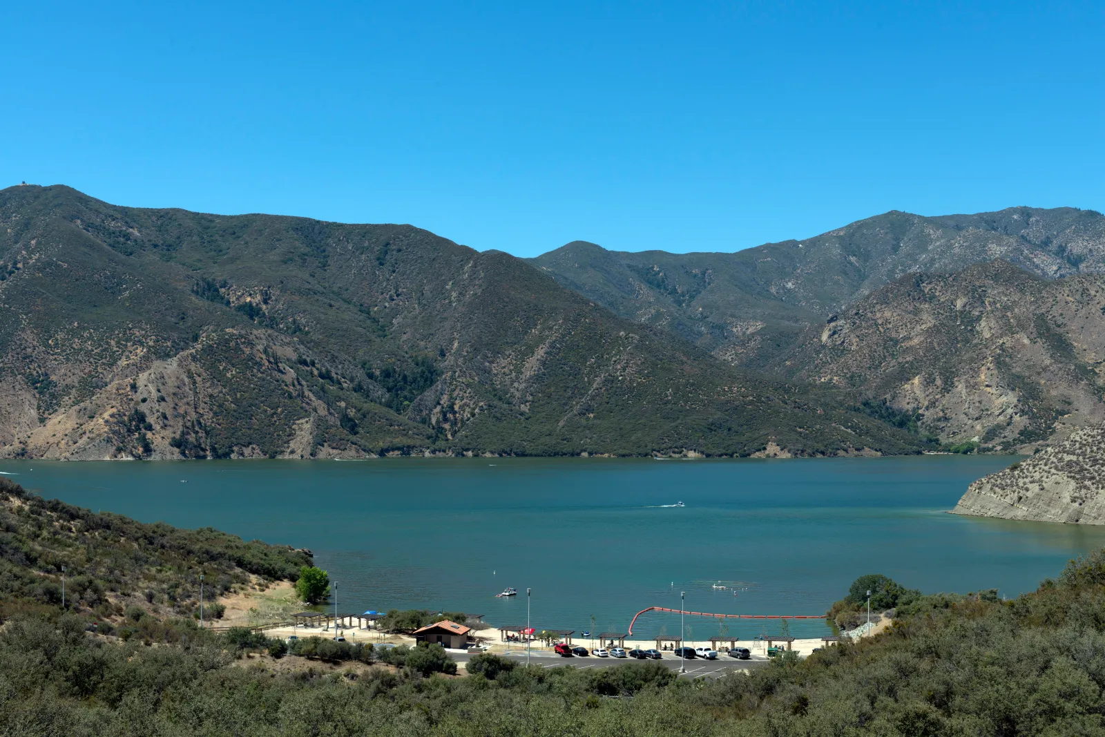 Pyramid Lake, a reservoir formed by Pyramid Dam on Piru Creek in the eastern San Emigdio Mountains, near Castaic, Southern California.