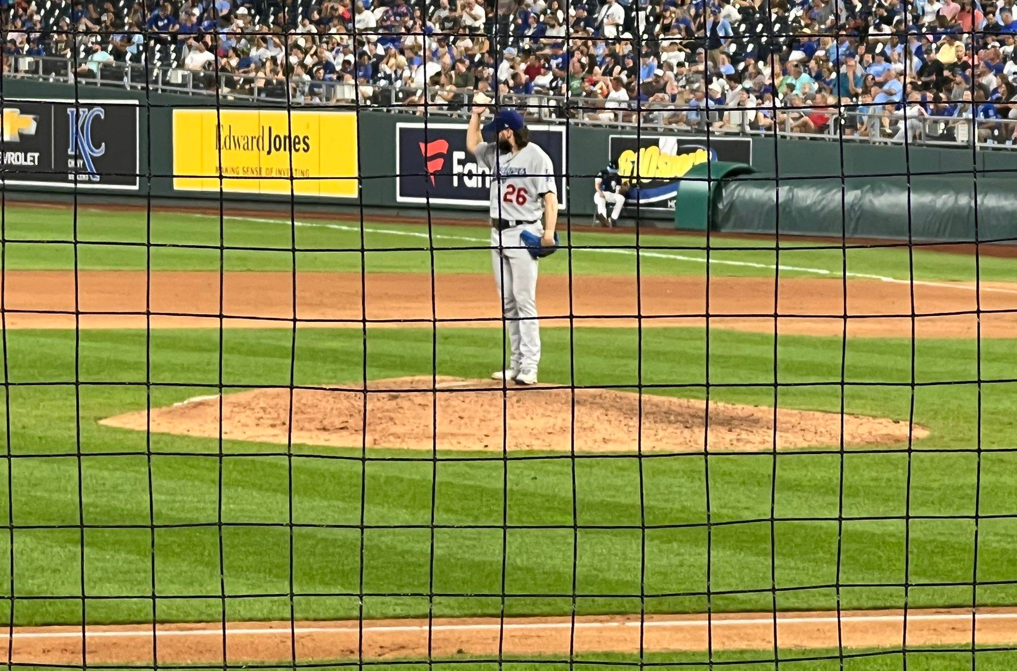 Tony Gonsolin just after his no-hitter bid is broken up. Kauffman Stadium. August 12, 2022.