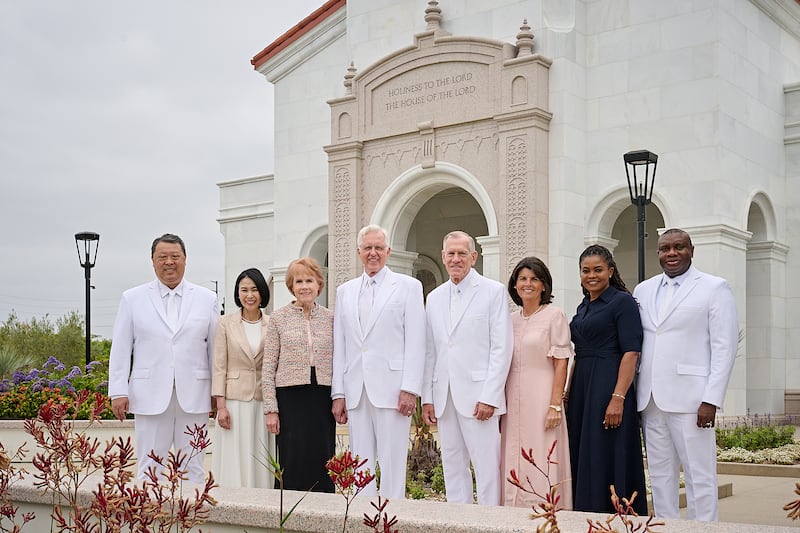 President D. Todd Christofferson, second counselor in the First Presidency of The Church of Jesus Christ of Latter-day Saints, center, prior to dedicating the Yorba Linda California Temple on Sunday, June 7, 2026. President Christofferson is joined by his wife, Sister Kathy Christofferson, center left; Elder Steven R. Bangerter, executive director of the Temple Department, and his wife, Sister Susan Bangerter, center right; Elder I. Raymond Egbo and his wife, Sister Comfort Egbo; and Elder Takashi Wada and his wife, Sister Naomi Wada.