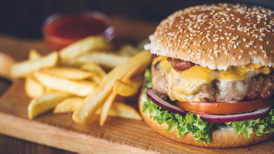 A cheeseburger and fries