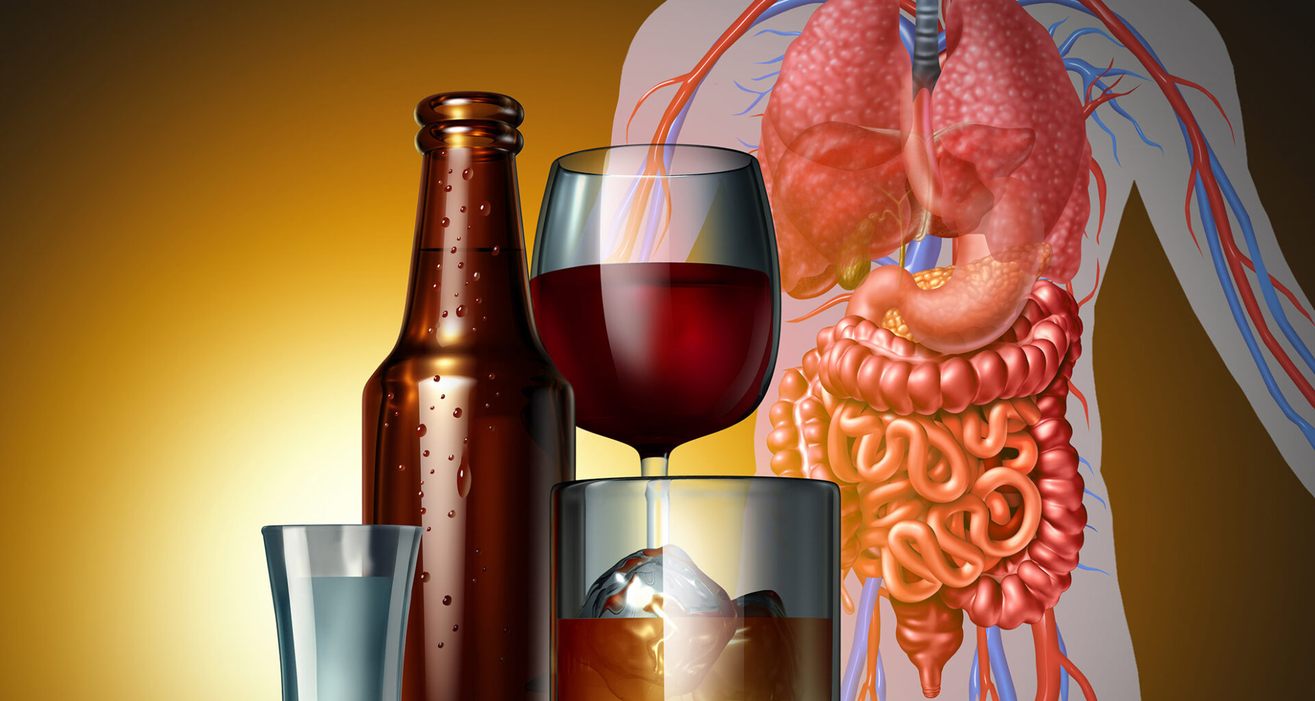 Illustration of alcohol and glasses as a medical riskon the human body as cancer or dangerous health.
