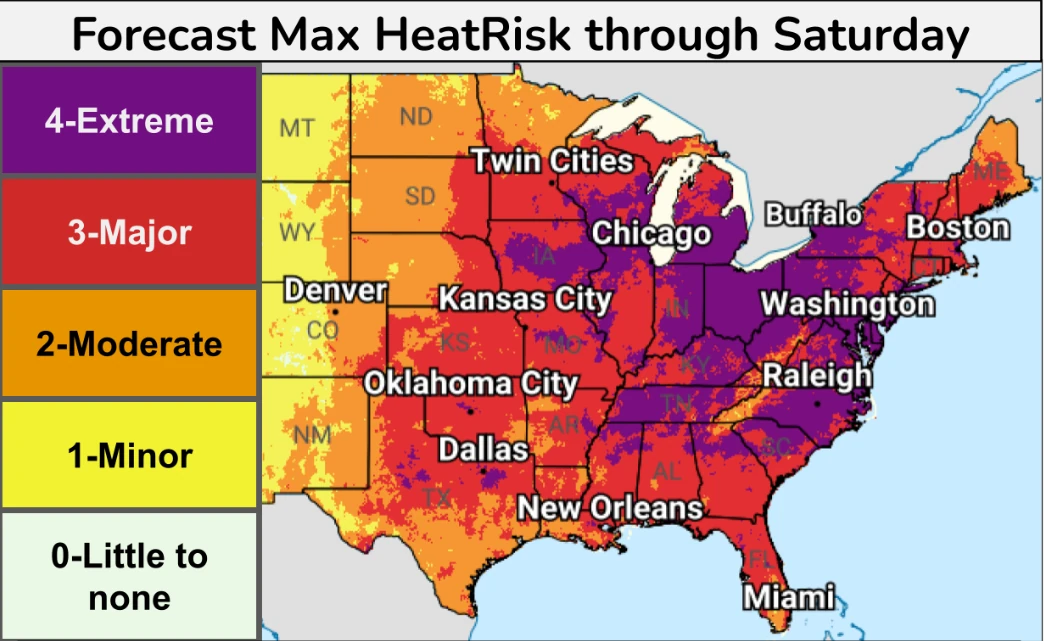 Heat risk forecast map for central and estern usa through July 4, 2026