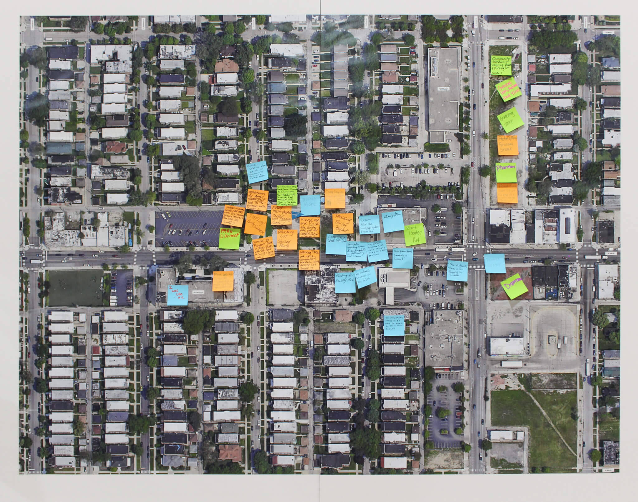 sticky notes atop aerial view of project site