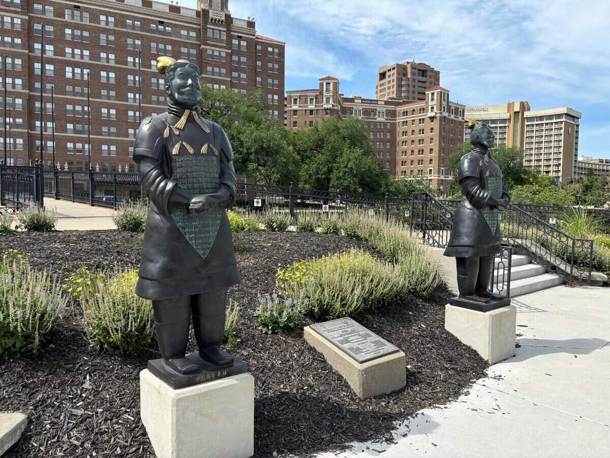 Two bronze castings of Chinese terracotta warriors stand just off the Country Club Plaza. A gift from Kansas City's sister city of Xi'an, the statues were vandalized multiple times in their first year in Missouri.