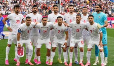 Iran team pose for a group photo prior to the World Cup Group G soccer match between Belgium and Iran in Inglewood, Calif., near Los Angeles, Sunday, June 21, 2026. (AP Photo/Andre Penner)