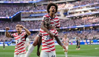 Folarin Balogun (20) celebrates after scoring his second goal of the first half with Chris Richards just before halftime in Friday's 4-1 win over Paraguay.