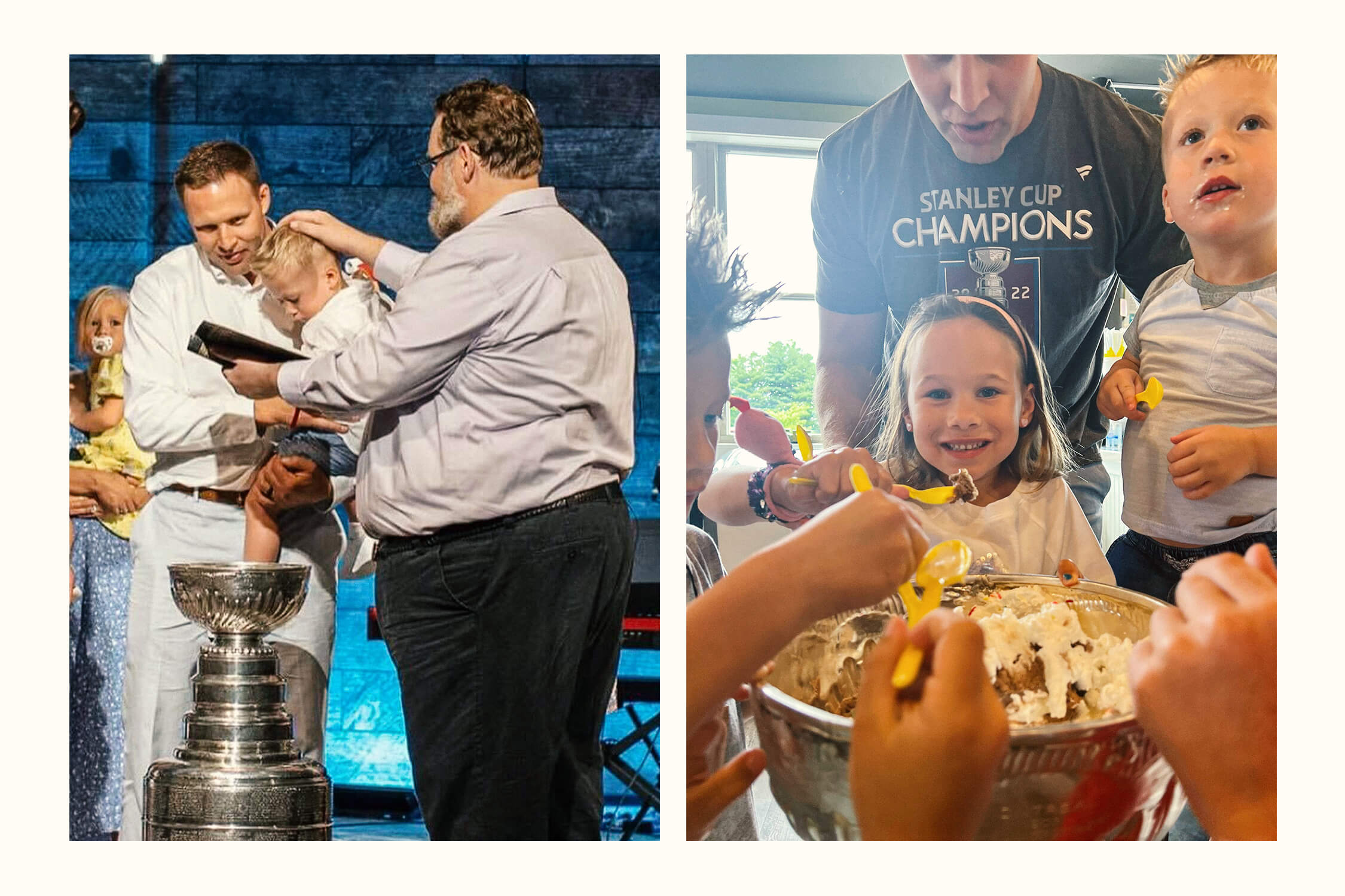 A composite shot showing, on the left, one of Jack Johnson's children getting baptized in the Cup and, on the right, his kids eating ice cream out of the bowl.