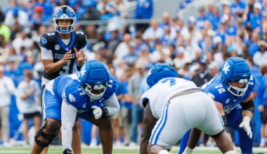 Jamarrion Harkless lines up across from Tegra Tshabola, Coleton Price, and Kenny Minchey at the Kentucky Spring Game, via Crawford Ifland, KSR