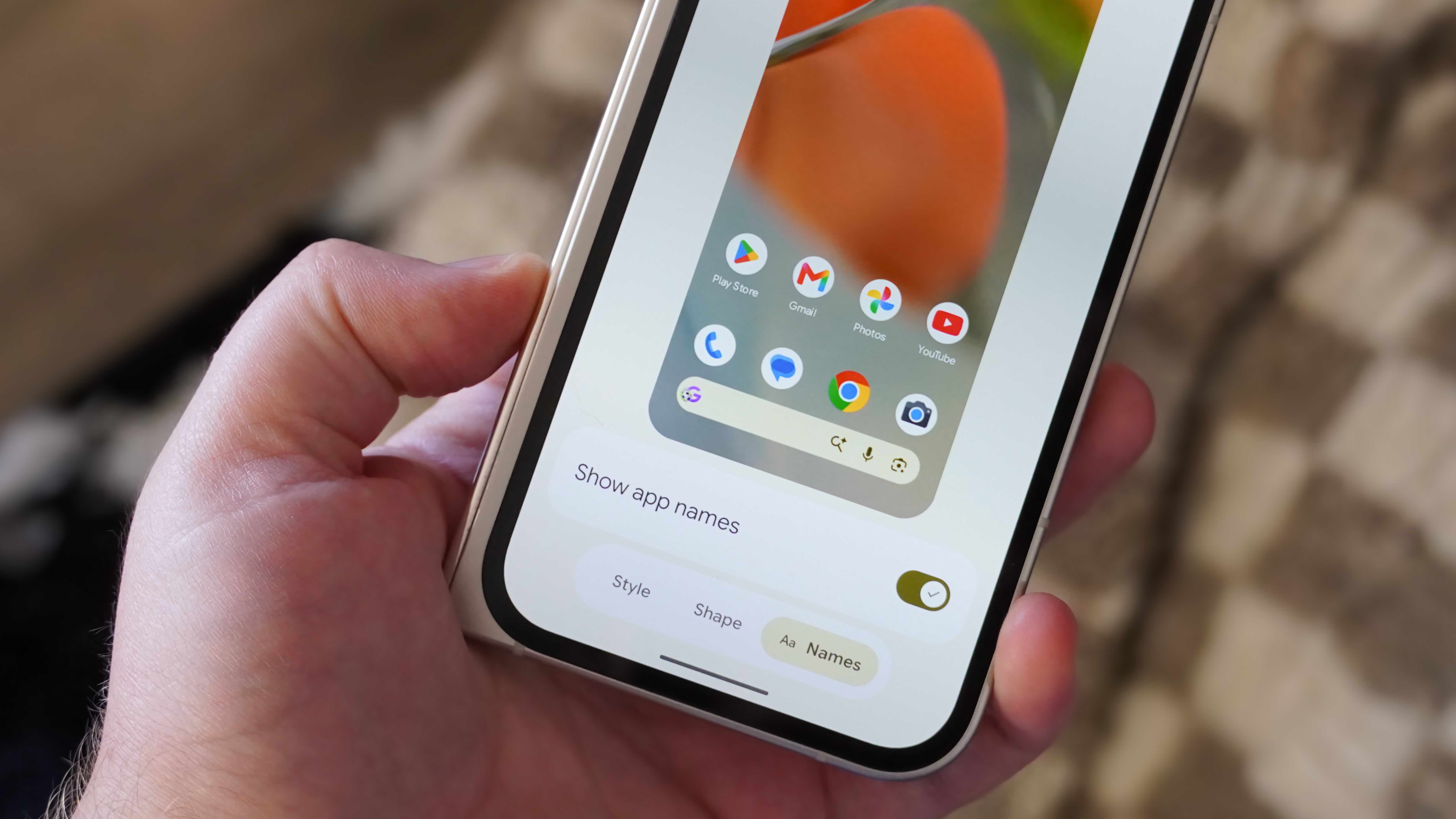 The hide home screen names option in Android 17 on a Pixel 9 Pro Fold. 