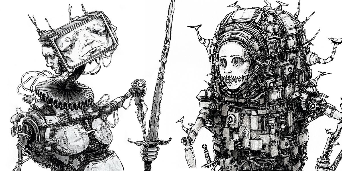 Black-and-white ink drawings of robot character designs