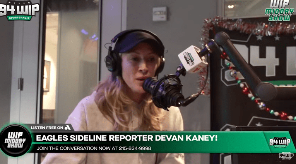 Eagles Sideline Reporter Devan Kaney in a 94WIP studio.