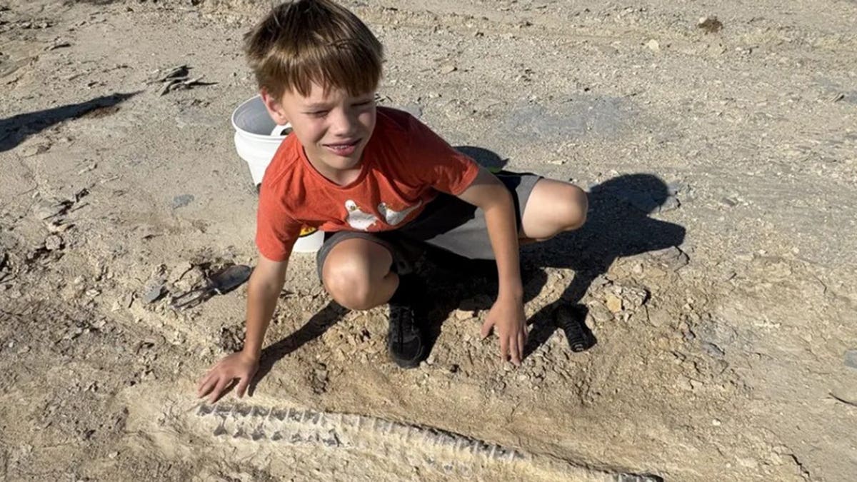 Boy standing over fossil in dirt