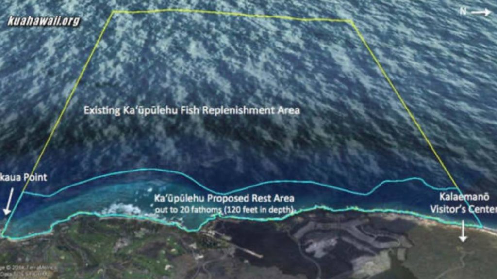 The Ka‘ūpūlehu Marine Reserve is a 3.6-mile stretch of coastline from Kikaua Point to Kalaemanō that extends out from the shoreline to a depth of 120 feet and is designated as  a "no take" rest area and a "limited take" area from the 120-foot contour out to the 600-foot contour. (Map: Hawaiʻi State Department of Land and Natural Resources)