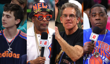 Timothee Chalamet, Spike Lee, Ben Stiller, and Tracy Morgan at Knicks Game 1