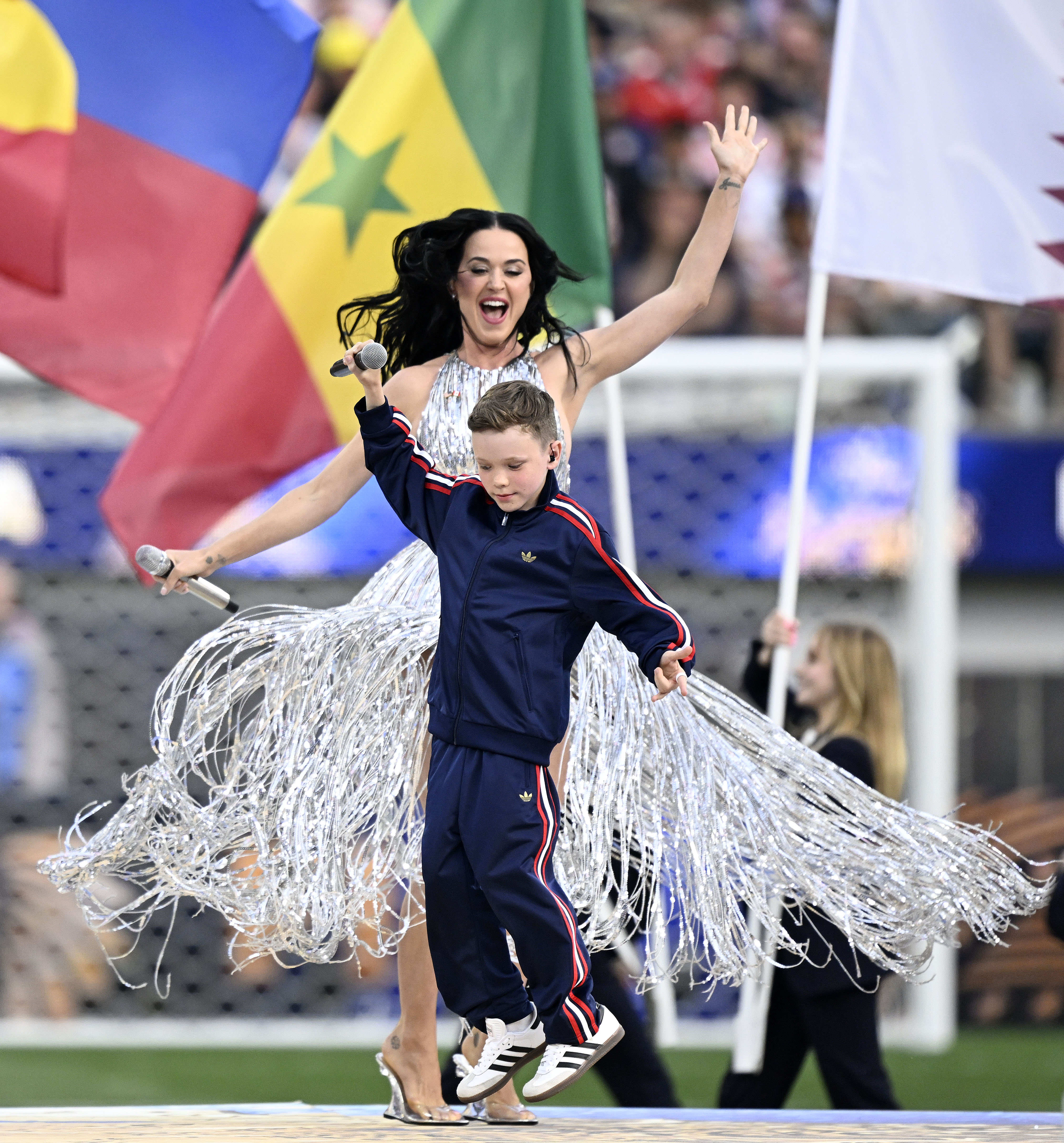Katy Perry performs during pregame ceremonies prior to the United...