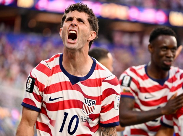 United States midfielder Christian Pulisic (10) celebrates after a goal during his team's 4-1 win over Paraguay June 12. (Keith Birmingham - Pasadena Star-News)