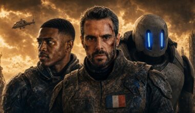 Catacombs AI film, two men and a robot stand in front of a destroyed Paris