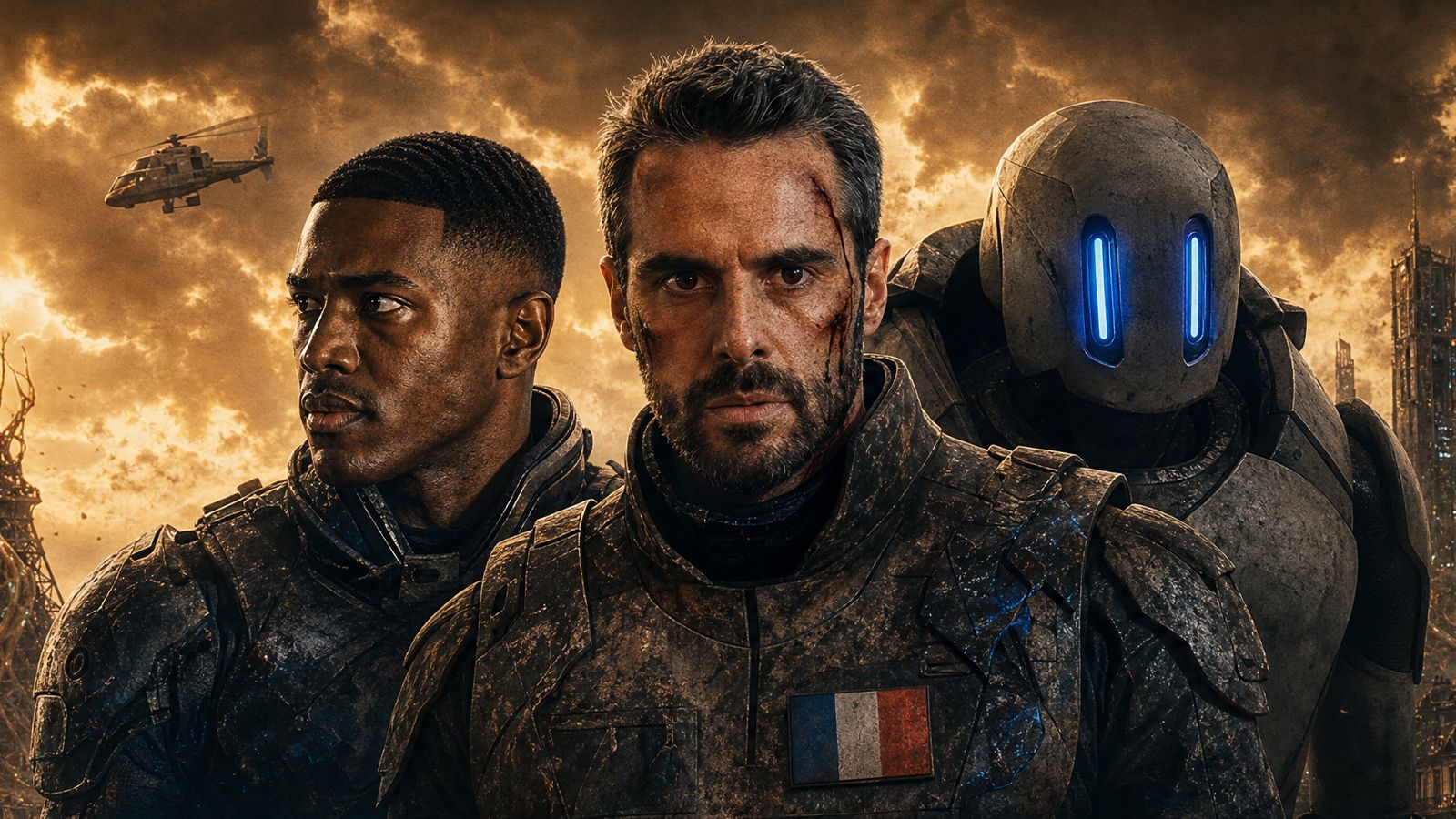 Catacombs AI film, two men and a robot stand in front of a destroyed Paris
