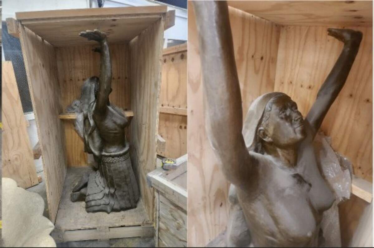 Two of three female figures from the sculpture Las Tarascas in storage in Kansas City. The figured have been in crates for 13 years, since the sculpture was given as a gift to the city in 2013 from sister city, Morelia, Mexico. The sculpture was installed on Southwest Boulevard on June 16, 2026.
