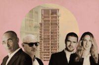 Fort Partners’ Nadim Ashi, Dacra's Craig Robins, Barrière’s Alexandre Barrière and Joy Desseigne-Barrière with render of the Miami Design Residences Designed by Chipperfield