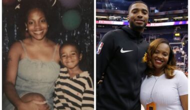 Tyneeha Rivers and a young Mikal Bridges (left) and in 2019 when Bridges was with the Suns.