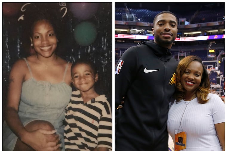 Tyneeha Rivers and a young Mikal Bridges (left) and in 2019 when Bridges was with the Suns.