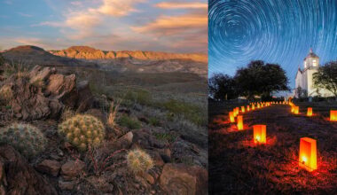 The image is split: on the left, a desert landscape with mountains, rocks, and cacti under a colorful sunset sky; on the right, an illuminated path with lanterns leads to a white church at night under swirling star trails.