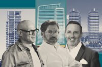 Dacra's Craig Robins, Terra's David Martin and DaGrosa Capital Partners' Joe Dagrosa with renderings of the Miami Design Residences, Miami Tropic Residences and Kempinski Residences