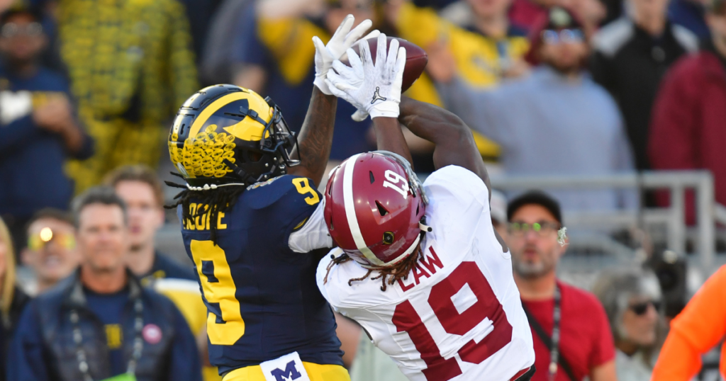 Michigan Wolverines football safety Rod Moore defended a pass beautifully against Alabama in 2023. (Photo by Gary A. Vasquez-USA TODAY Sports)