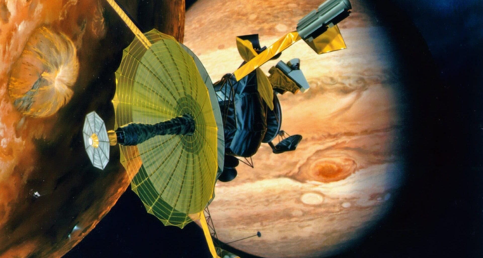 Artist's rendering of NASA's Galileo spacecraft flying past Jupiter's moon Io. Galileo made multiple close approaches to the volcanically active moon during its time at Jupiter, including a first pass in Dec. 1995, during its arrival in the Jupiter system.