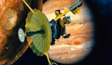 Artist's rendering of NASA's Galileo spacecraft flying past Jupiter's moon Io. Galileo made multiple close approaches to the volcanically active moon during its time at Jupiter, including a first pass in Dec. 1995, during its arrival in the Jupiter system.