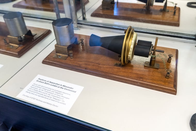 A replica of  Alexander Bell's first telephone as that was shown for the first time for the 1876 Centennial Exhibition in Fairmount Park. The replica is on exhibit at "Revisit: 1876."