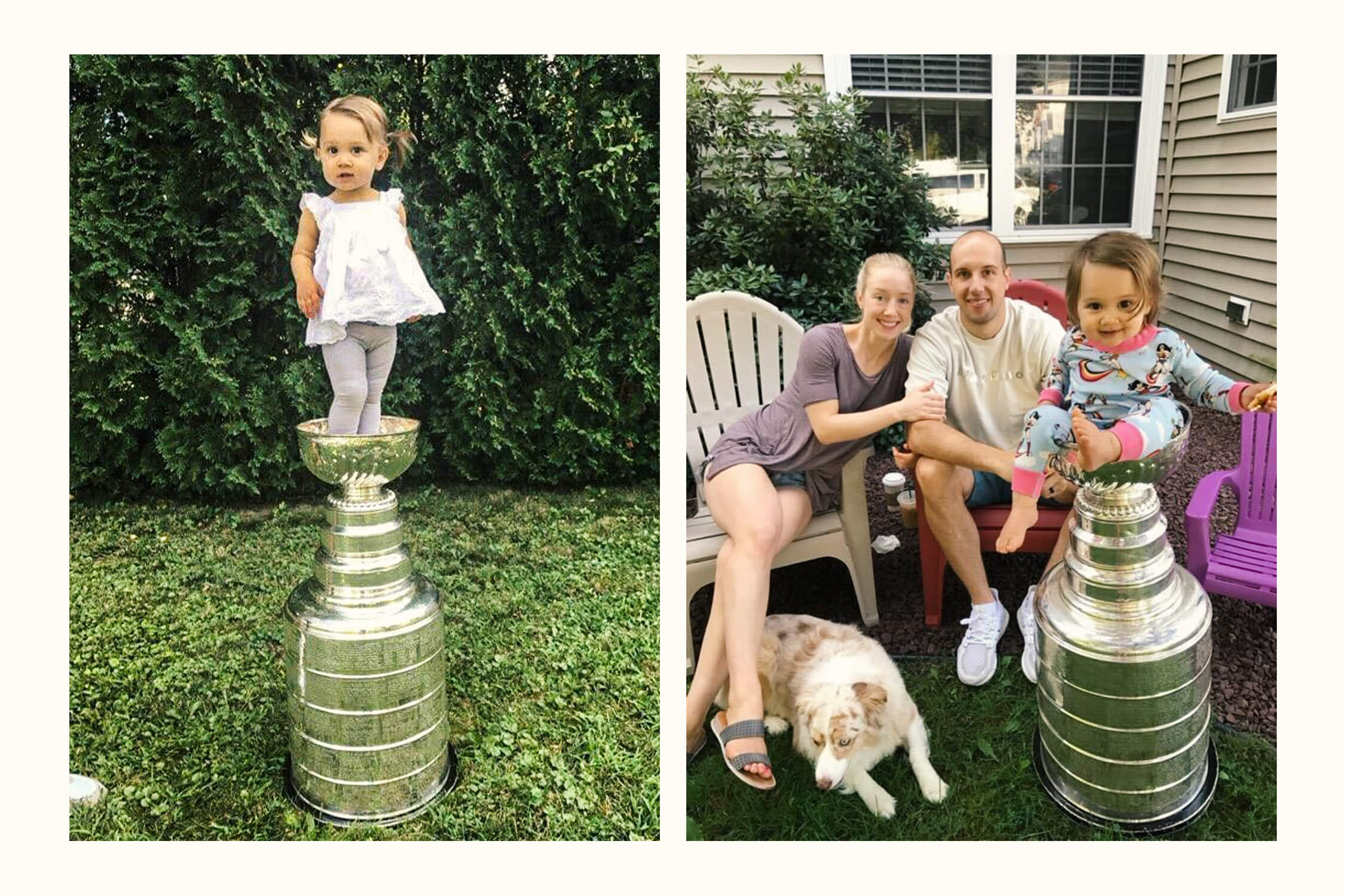A composite shot of, on the left, then-1-year-old Maisie Bonino standing in the Stanley Cup and, on the right, her sitting in the trophy's bowl.