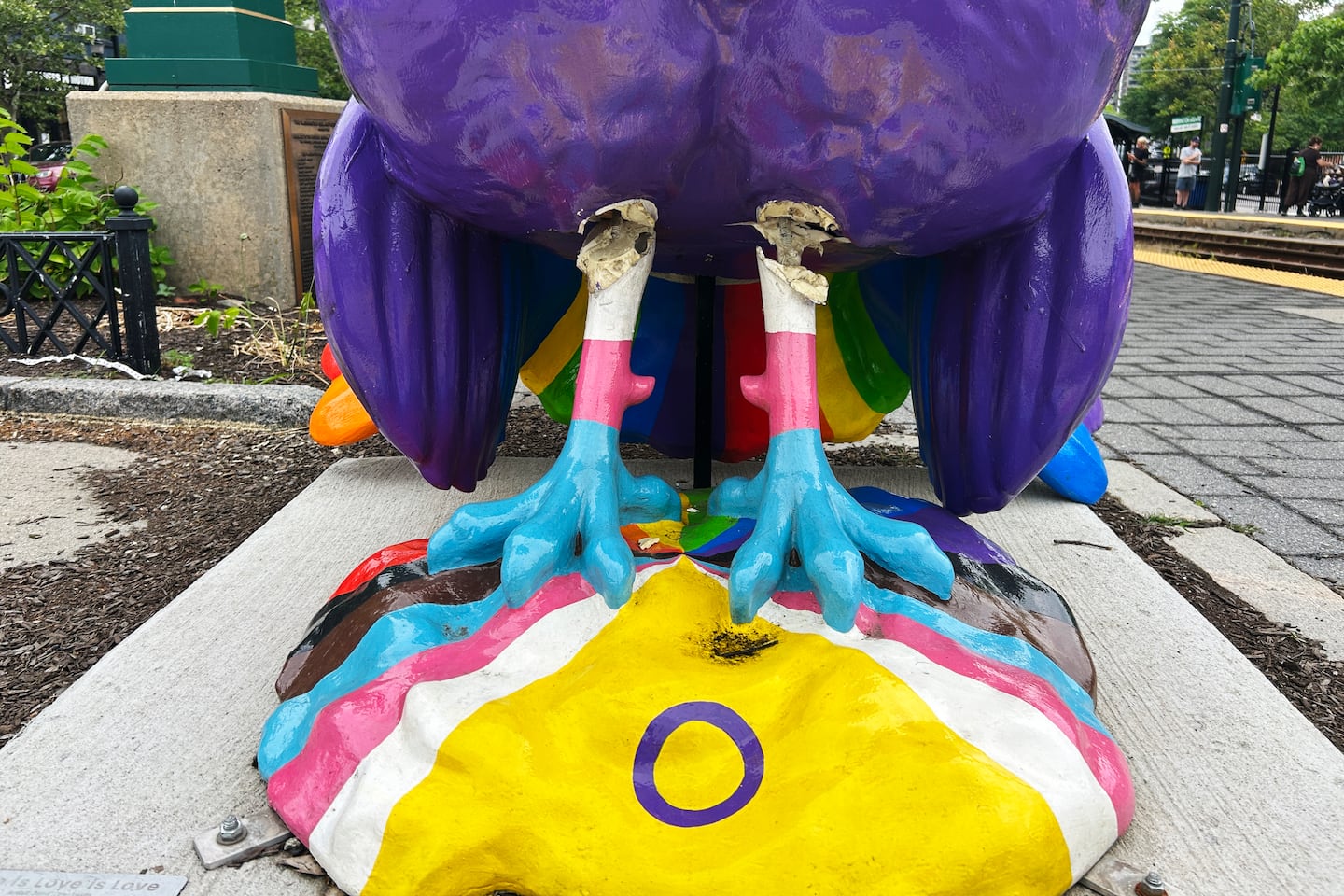 Damage to a fiberglass turkey sculpture in Brookline was visible on Thursday morning.