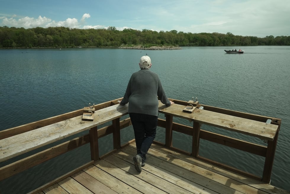 Mary Swander looks out over Lake Darling, Friday, May 8, 2026, in Brighton, Iowa. (AP...