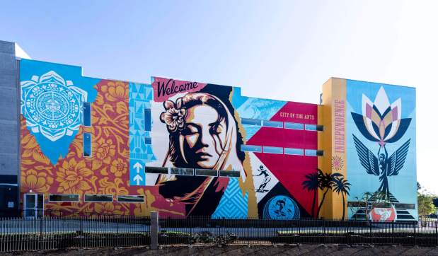 Welcome Home mural by Shepard Fairey on Baker Block at 125 Baker St E, Costa Mesa, CA. (Photo by Paul Bersebach, Orange County Register/SCNG)