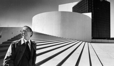 I.M. Pei outside of the John F. Kennedy Library, which he designed, in 1979.